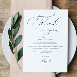Marques de lieu de remerciement pour 16e anniversaire de mariage imprimés ou numériques, carte de remerciement bleu foncé pour assiette Sweet Sixteen, note de serviette de table, P48-3