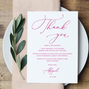 Marque-places de remerciement imprimés roses fuchsia, assiette 16e anniversaire, serviette de table, note P58-1