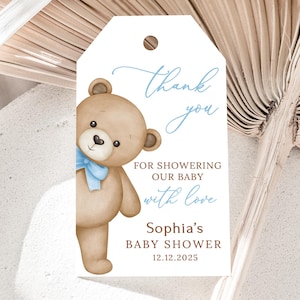 Étiquettes de remerciement imprimées pour baby shower ours en peluche, étiquettes de cadeau de shower de bébé garçon, étiquettes bleu personnalisées pour cadeaux de shower de bébé, PB215-1