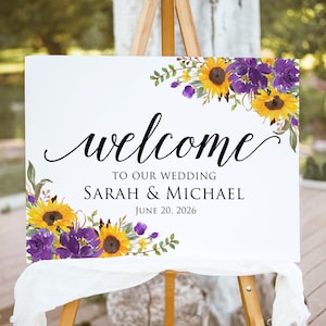 Letrero de bienvenida IMPRESO o DIGITAL con girasoles y flores violetas, letrero de bienvenida para boda en amarillo y violeta, decoración para boda de otoño, tablero de espuma, PW1465-2