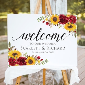 Letrero de bienvenida con girasoles y rosas rojas IMPRESO o DIGITAL, letrero de bienvenida para bodas en amarillo y rojo, decoraciones para bodas de otoño, PW1139-2