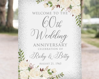 PRINTED or DIGITAL 60th Wedding Anniversary Welcome Sign, 60th Wedding Anniversary Poster or Foam Board, Faux Silver, PW598-1