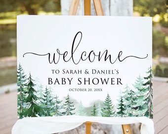 Peut inclure: Une pancarte de bienvenue pour une fête prénatale avec une scène de forêt aquarelle et le texte "Bienvenue à Sarah & Daniel's Baby Shower October 20, 20XX"