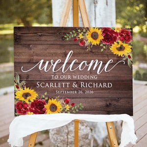 Letrero de bienvenida para boda con girasoles rústicos y rosas rojas IMPRESO o DIGITAL, letrero de boda amarillo y rojo, póster de bienvenida de otoño o tablero de espuma, PW982-2