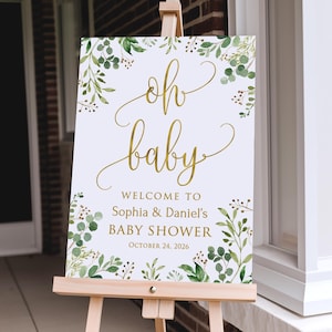 PRINTED or DIGITAL Greenery Baby Shower Welcome Sign, Oh Baby Neutral Baby Shower Poster, Foam Board, Faux Gold, PBS33A