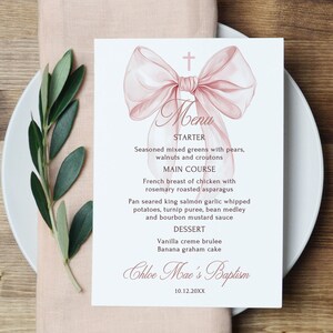 Cartes de menu de baptême, noeud coquette rose, impression ou numérique, carte de menu de première communion, BS32-1