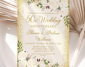PRINTED or DIGITAL Ivory Floral 50th Wedding Anniversary Invitation with White Flowers and Confetti Double Sided, Faux Gold, PW704-1