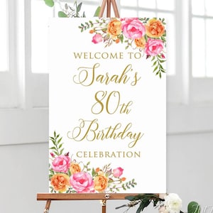 PRINTED Birthday Welcome Sign, 80th Birthday Welcome Sign, Hot Pink and Orange Birthday Decor, Fuchsia Birthday Sign, Faux Gold, PW58-2