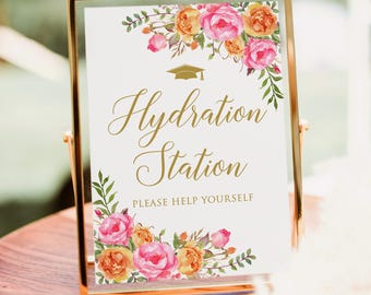 PRINTED or DIGITAL Hot Pink and Orange Hydration Station Graduation Sign, Water Station Sign, Unframed, PW58-2