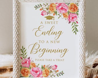 PRINTED or DIGITAL Hot Pink and Orange Graduation a Sweet Ending to a New Beginning Sign, Grad Party Favors Sign Unframed, Faux Gold, PW58-2