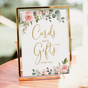 Cartes florales roses imprimées ou numériques et signe de cadeaux, signe de cartes de mariage, signe de cadeaux de baby shower, faux or, sans cadre, PW1267
