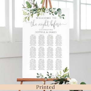 May include: A white wedding seating chart with a green leafy border. The chart is titled "Welcome to the night before celebrating Sophia & James". The chart lists 12 tables with guest names.