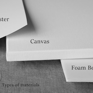 May include: Close-up of three different types of materials used for prints: poster, canvas, and foam board. The text "Types of materials" is visible at the bottom of the image.