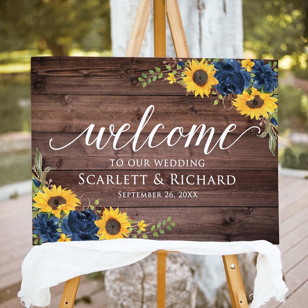Rustic Welcome Flowers PRINTED or DIGITAL Rustic Sunflowers and Blue Flowers Wedding Welcome ...