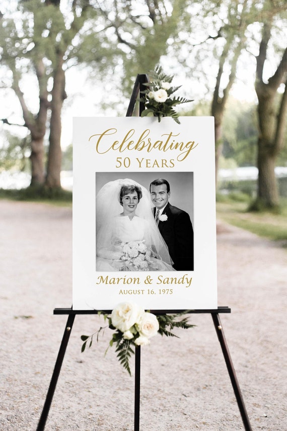PRINTED or DIGITAL 50th Wedding Anniversary Welcome Sign, Photo 50th Anniversary Sign, Golden Anniversary Poster, Faux Gold, PW1409-5