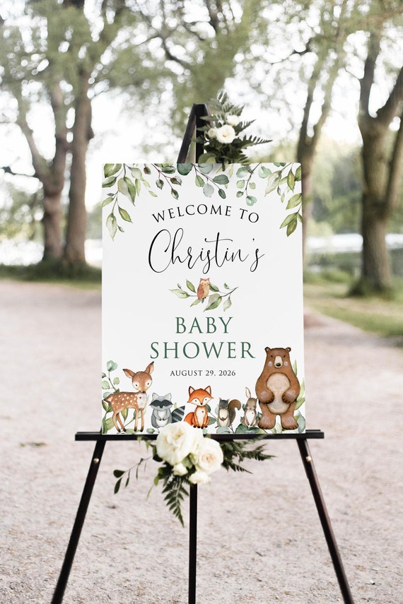 PRINTED or DIGITAL Greenery Woodland Baby Shower Welcome Sign with Cute Forest Animals, P24-1