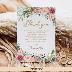 Carte de remerciement imprimée ou numérique pour la douche nuptiale florale rose, faux or, P57-1