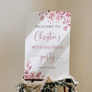 May include: Welcome to Christin's 40th Birthday party, 15 August 2026. A white sign with pink floral watercolour design.