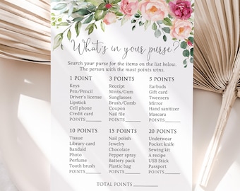DIGITAL Pink Floral What's In Your Purse Bridal Shower Game, Hen Party Activity, P70