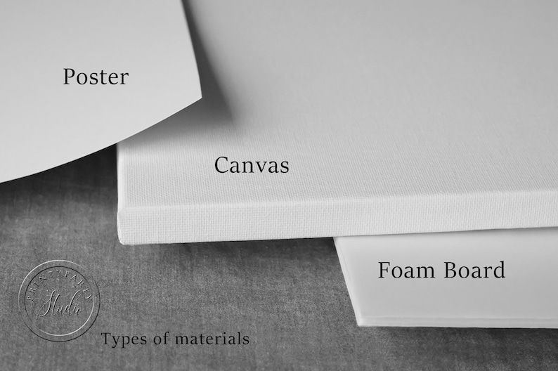 May include: Close-up of three different types of materials used for printing: poster, canvas, and foam board. The text "Types of materials" is printed below the materials.
