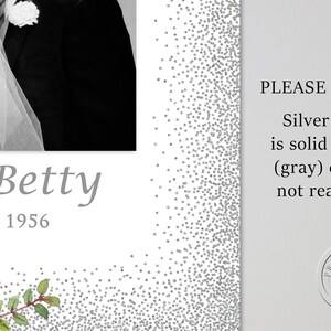 May include: A wedding invitation with a black and white photo of a couple. The invitation includes the names "& Betty" and the date "OCTOBER 18, 1956". The design features silver text and a floral border.