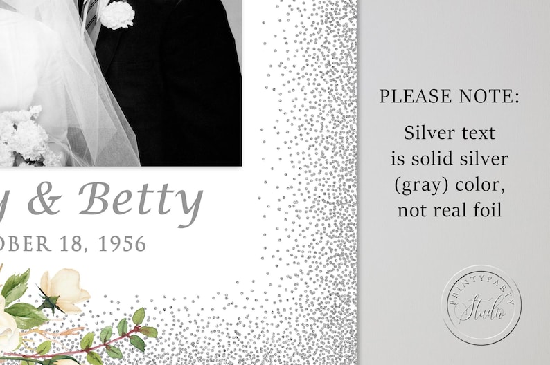 May include: A wedding invitation with a black and white photo of a couple. The invitation includes the names "& Betty" and the date "OCTOBER 18, 1956". The design features silver text and a floral border.