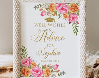 PRINTED or DIGITAL Hot Pink and Orange Well Wishes & Advice Graduation Sign, Unframed, Faux Gold, PW58-2