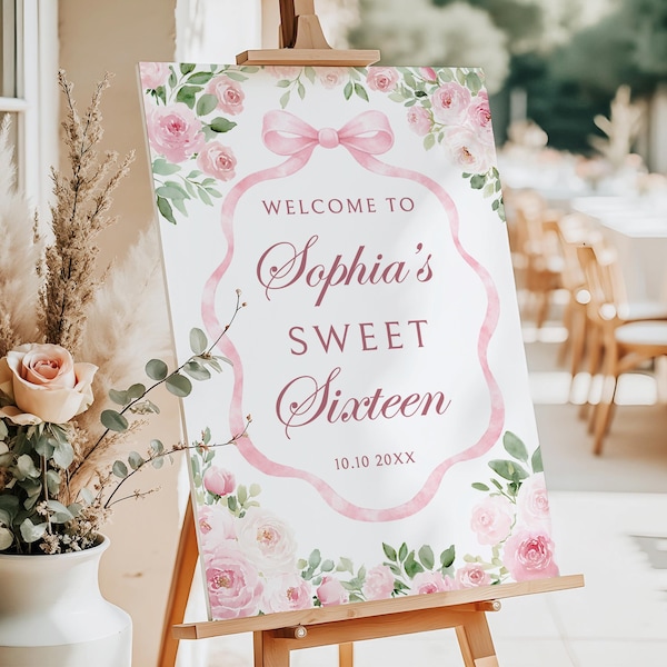 PRINTED or DIGITAL Floral Love Shack Sweet Sixteen Welcome Sign, Coquette Bow Birthday, B154-1