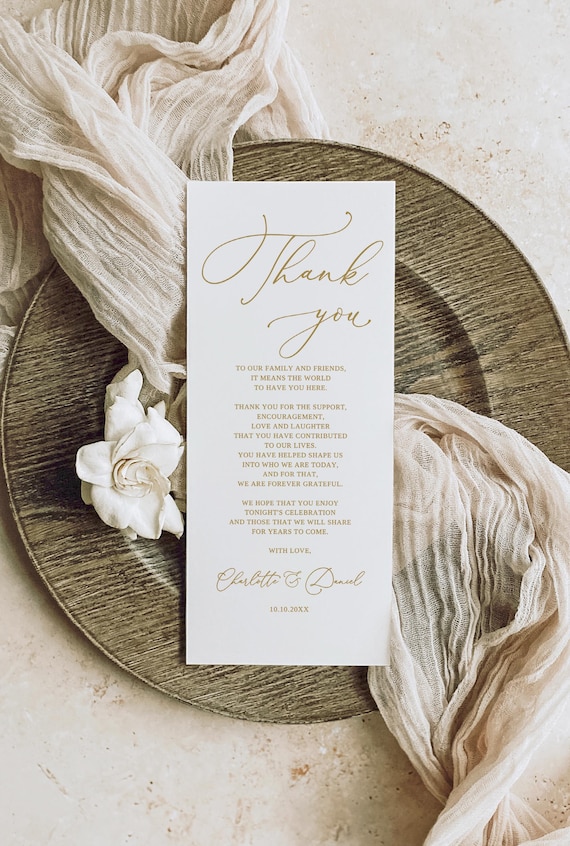 PRINTED or DIGITAL Wedding Thank You Place Cards, Gold Wedding Thank You Note, Minimalist Napkin Note, Faux Gold, PB70-4