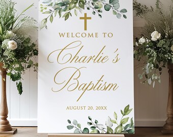 PRINTED or DIGITAL Greenery Baptism Welcome Sign, First Communion Welcome Poster, Faux Gold, Foam Board or Poster, BS30