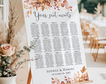 PRINTED or DIGITAL Burnt Orange Fall Wedding Seating Chart Guest Table Plan, PW1212-2