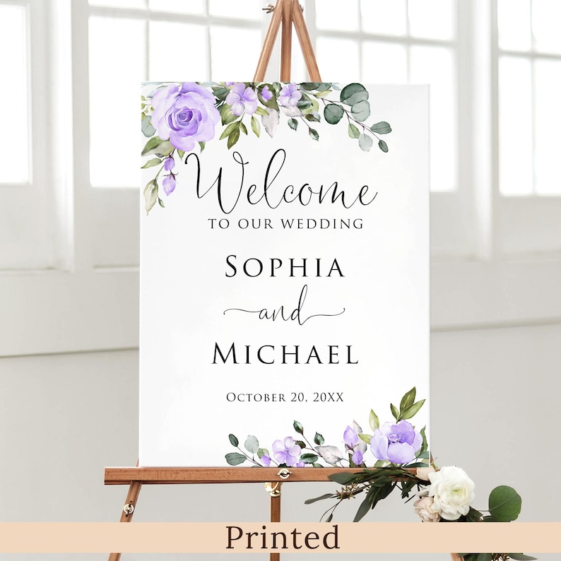 Purple-themed wedding ceremony supplies - Purple floral  wedding welcome sign