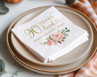 PRINTED 90th Birthday Napkins with Watercolor Pink Flowers, Personalized Party Napkins, 90 Years Loved, Faux Gold, P51-4