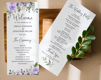May include: Two wedding programs with floral accents and text. One program reads "Welcome" and lists the couple's names and ceremony details. The other lists the wedding party and a thank you message.