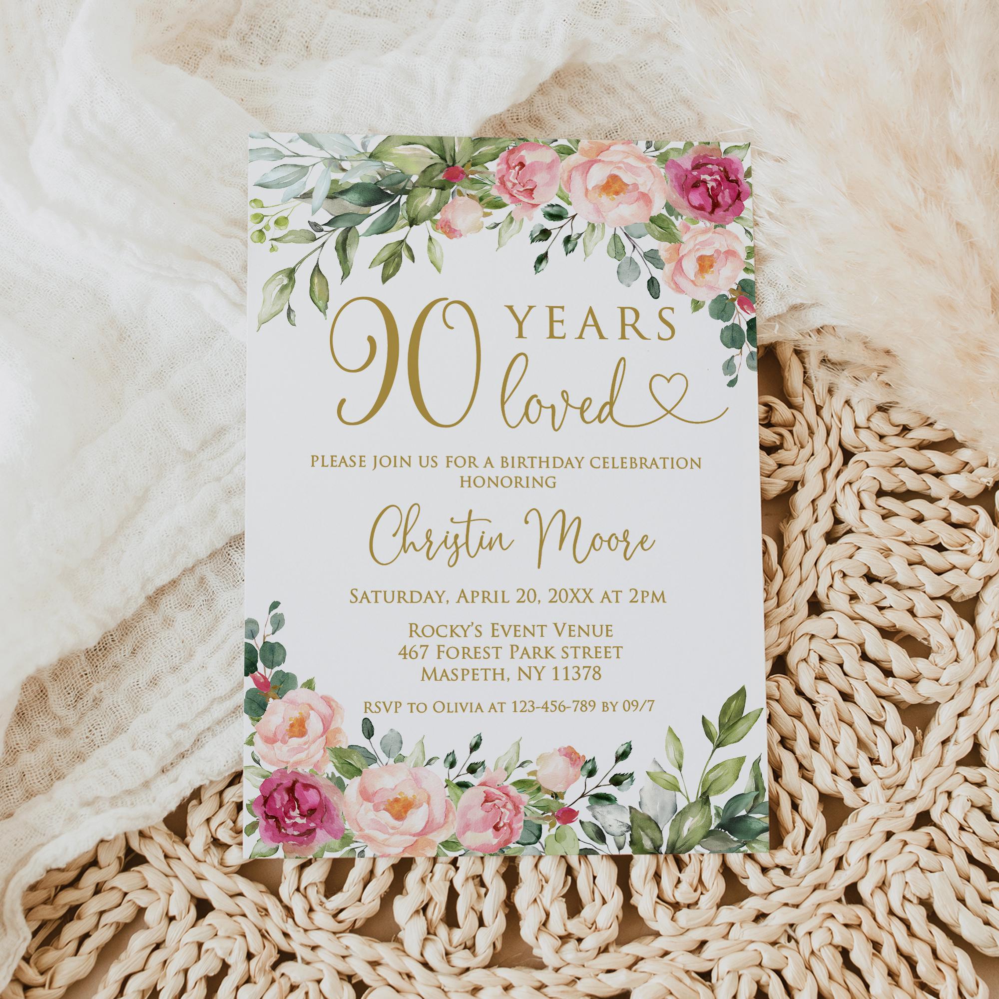 PRINTED or DIGITAL Pink Floral 90th Birthday Invitation for Women