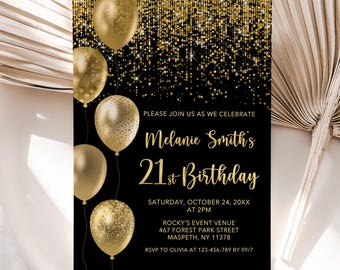 PRINTED or DIGITAL Black and Gold Balloons 21st Birthday Party Invitation, PW1544-1