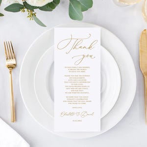 May include: A white card with gold calligraphy that reads "Thank you" and a message of gratitude to family and friends for their support. The card is signed "Charlotte & Daniel" and the date "18.10.2020".