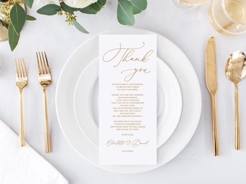 May include: A white card with gold calligraphy that reads "Thank you" and a message of gratitude to family and friends for their support. The card is signed "Charlotte & Daniel" and the date "18.10.2020".