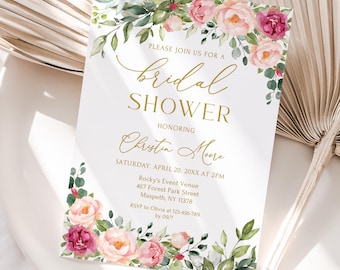 PRINTED or DIGITAL Floral Bridal Shower Invitation with Watercolor Greenery and Pink Flowers, Bridal Brunch Invite, Faux Gold, P83