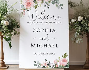 PRINTED or DIGITAL Wedding Reception Welcome Sign with Watercolor Greenery and Blush Pink Flowers, Foam Board or Poster, PW1268