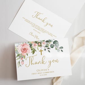 Cartes de remerciement de première communion imprimées ou numériques pliées florales roses, notes de remerciement de communion fille avec enveloppes simili or PW1267-1