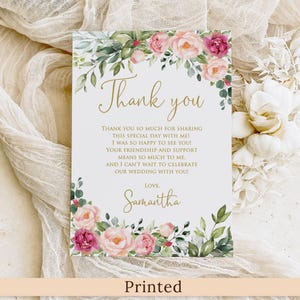 Carte de remerciement imprimée ou numérique pour la douche nuptiale florale avec fleurs roses aquarelles, faux or, P51-1