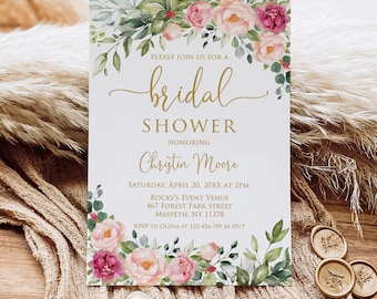 PRINTED or DIGITAL Floral Bridal Shower Invitation with Watercolor Greenery and Pink Flowers, Bridal Brunch Invite, Faux Gold, P51-1