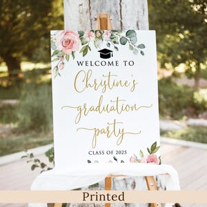 Panneau de bienvenue de fête de remise des diplômes rose poudré, décoration florale de fête des diplômés, faux or, affiche en carton mousse, PW1267-1