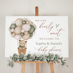 PRINTED or DIGITAL Green Teddy Bear Baby Shower Welcome Sign, Hot Air Balloon, We Can Bearly Wait, Gender Neutral Shower Foam Board, PB233-2