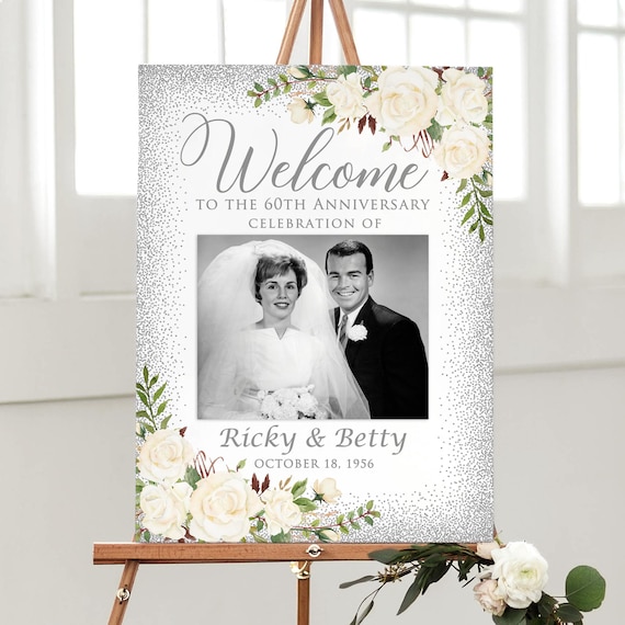 PRINTED or DIGITAL Silver 60th Anniversary Photo Welcome Sign,  Diamond Wedding Poster, PW598-4