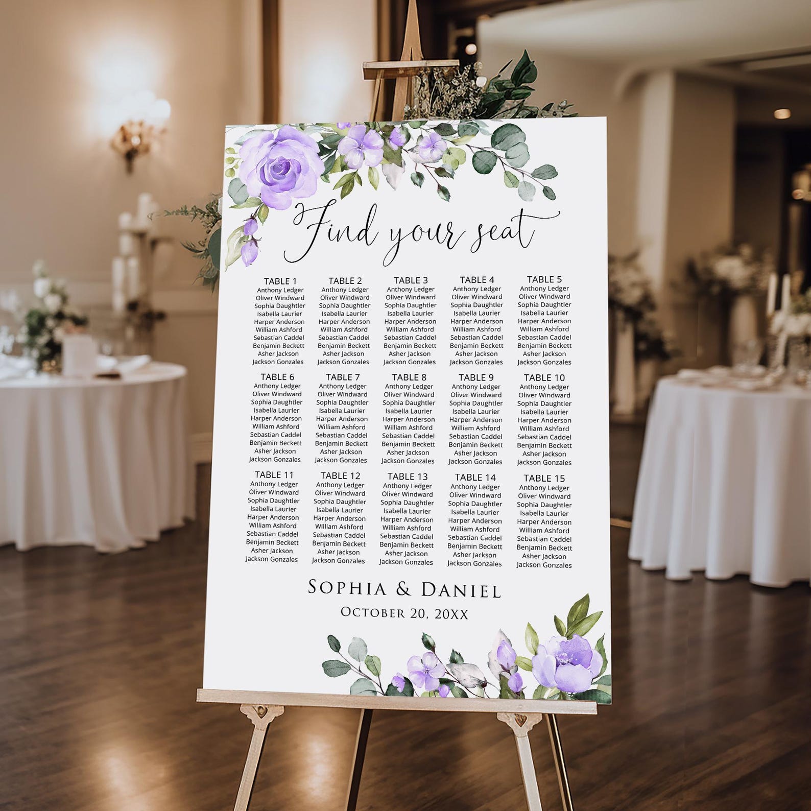 Purple-themed wedding reception supplies - purple floral seating chart