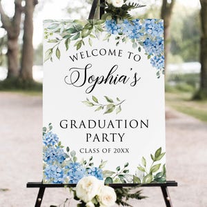 PRINTED or DIGITAL Blue Hydrangea Graduation Welcome Sign, Floral Graduation Party Poster or Foam Board, BS26-1