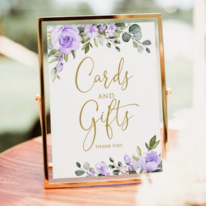 Cartes florales violet clair imprimées ou numériques et panneau, panneau de cartes de mariage, panneau de cadeaux de douche nuptiale, faux or, sans cadre, PW1533