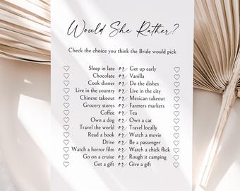PRINTED and SHIPPED Minimalist Would She Rather Bridal Shower Game, BS2